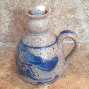 Vintage Rowe Pottery Blue Salt Glazed Handled Oil Lamp